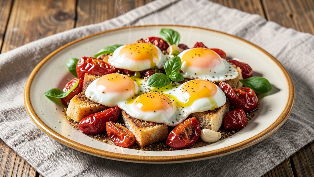 Tomato Egg Mediterranean Recipe: Crispy Fried Eggs Over Sun-Dried Tomato Sauce