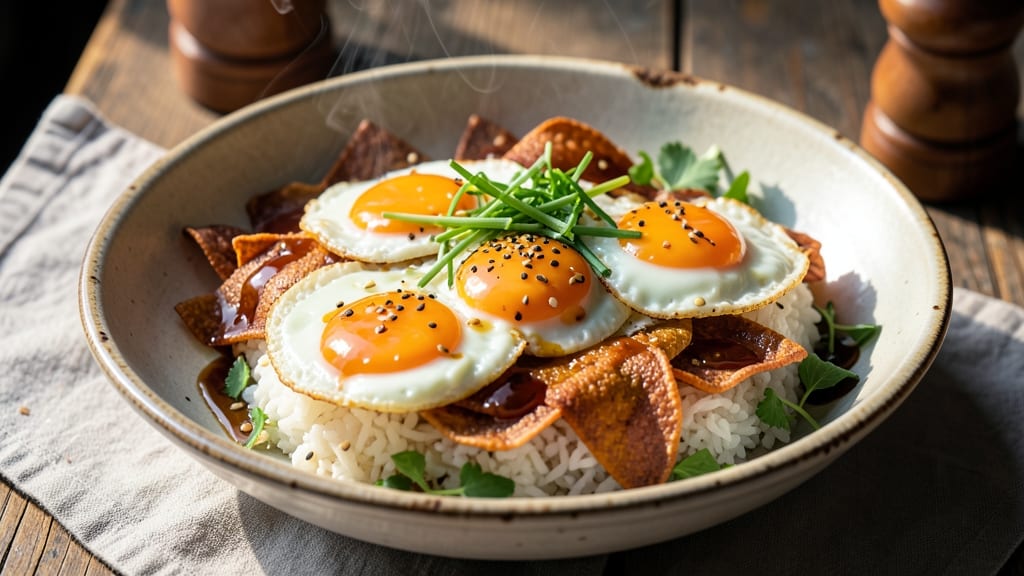 Street Style Egg and Rice Recipe: Crispy Tortilla Cradles With Runny Yolk Magic