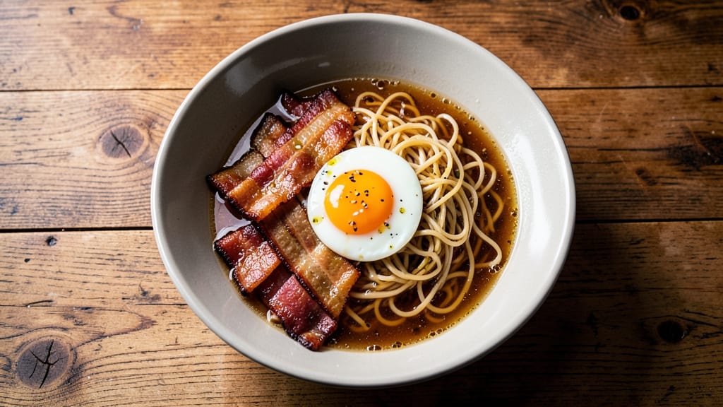 Bacon and Egg Ramen Recipe: Crispy Noodles Hugging Runny Yolks
