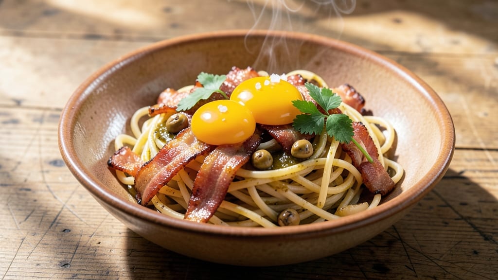 Bacon and Egg Pasta Recipe: Smoky Crispy Bacon with Silky Poached Eggs